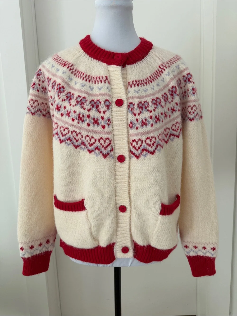 FAIR ISLE  Hearts Bows Cardigan Sweater Fuzzy Soft Cozy Pockets Nordic Soft Girl - Picture 4 of 17